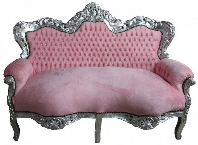 Casa Padrino 2-Sitzer Barock 2er Sofa „Master“ rosa / silber mit Strasssteinen Möbel Antik Stil