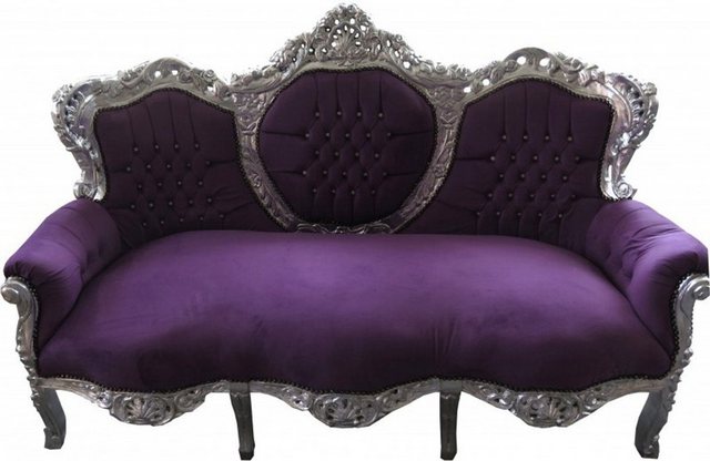 Casa Padrino 3-Sitzer Barock 3er Sofa King Lila / Silber mit Bling Bling Glitzersteinen – Wohnzimmer Couch Möbel Lounge