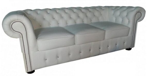 Casa Padrino Chesterfield-Sofa Chesterfield Echtleder 3er Sofa in weiß mit Glitzersteinen 200 x 90 x H. 78 cm - Luxus Möbel