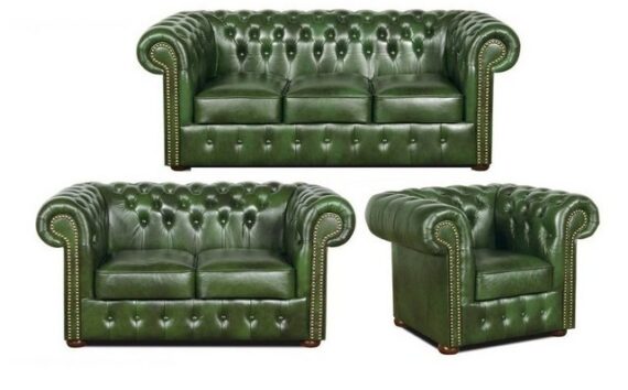 Casa Padrino Chesterfield-Sofa Chesterfield Wohnzimmer 3er Set Grün - Luxus Echtleder Möbel