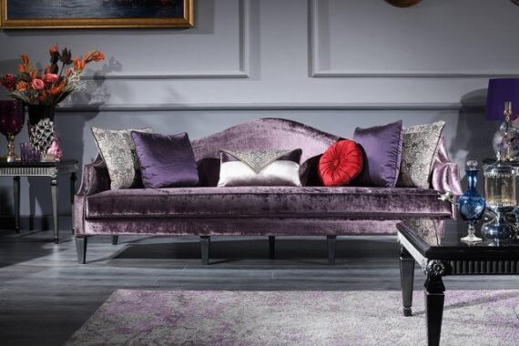 Casa Padrino Loungesofa Luxus Barock Samtsofa Lila / Schwarz / Silber 245 x 93 x H. 90 cm - Wohnzimmer Sofa - Barock Wohnzimmermöbel