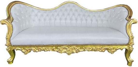 Casa Padrino Sofa Barock Sofa Vampire Weiß / Gold 200 x 75 x H. 82 cm - Handgefertigte Lounge Couch mit edlem Kunstleder - Barock Wohnzimmer Möbel