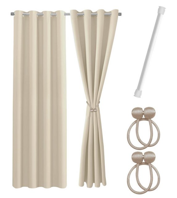 Cozyor Vorhang Set mit 2x Gardine + 2x Vorhanghalter + 1x Gardinenstange ohne Bohren, Ösen (2 St), verdunkelnd, Mikrofaser Polyester, beige Driftwood, Raumteiler blickdicht, Thermovorhang 240x135cm inklusive Magnethaltern