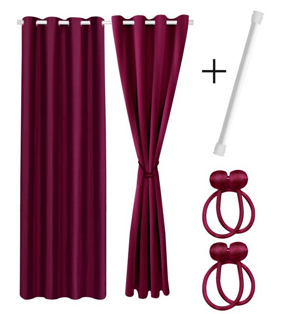 Cozyor Vorhang Set mit 2x Gardine + 2x Vorhanghalter + 1x Gardinenstange ohne Bohren, Ösen (2 St), verdunkelnd, Mikrofaser Polyester, bordeaux Berry, Raumteiler blickdicht, Thermovorhang 240x135cm inklusive Magnethaltern