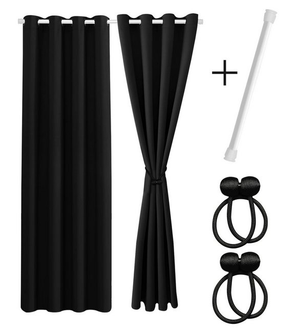 Cozyor Vorhang Set mit 2x Gardine + 2x Vorhanghalter + 1x Gardinenstange ohne Bohren, Ösen (2 St), verdunkelnd, Mikrofaser Polyester, schwarz Eclipse, Raumteiler blickdicht, Thermovorhang 160x135cm inklusive Magnethaltern