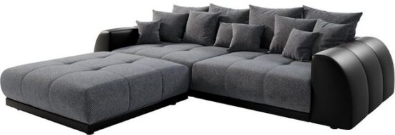 DELIFE Big-Sofa Violetta, Schwarz 310x135 cm inklusive Hocker und Kissen Big-Sofa