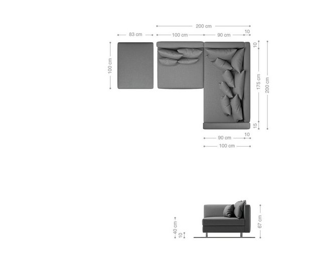 DELIFE Ecksofa Clovis, Hellgrau Strukturstoff Hocker Armlehne Ottomane Rechts modular