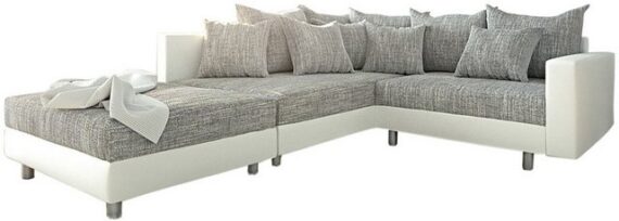 DELIFE Ecksofa Clovis, Weiss Hellgrau Hocker Armlehne Ottomane Links Ecksofa modular