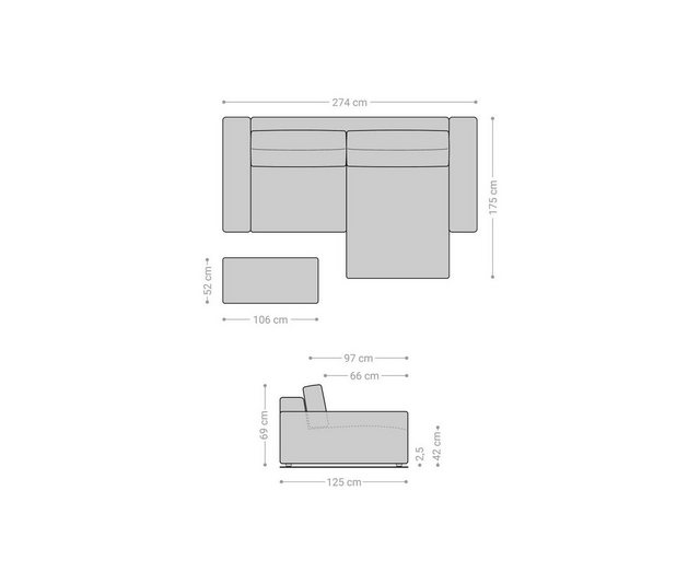 DELIFE Ecksofa Lanzo, XL Mikrofaser Khakibraun 270×180 cm Recamiere variabel mit Hocker