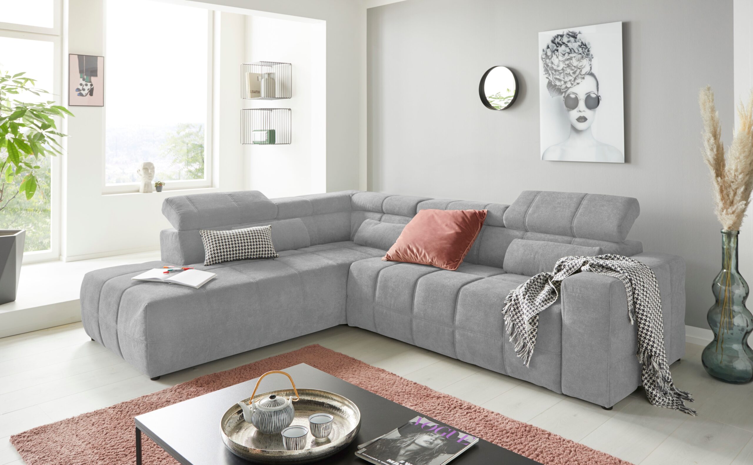 DOMO collection Ecksofa „Brandon L-Form, auch in Leder“, inklusive Kopfteilverstellung, wahlweise mit Sitztiefenverstellung