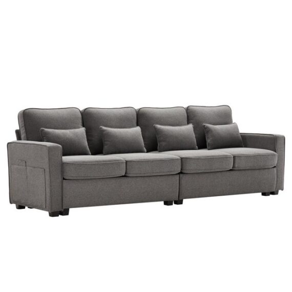 DOPWii 4-Sitzer Sofa aus Leinenstoff,Viersitzer-Sofa mit Armlehnentaschen,4 Kissen, Sofa im einfachen Stil für Wohnzimmer,Wohnung,Büro,3 Farboptionen