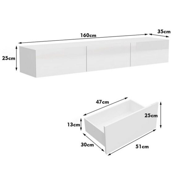 FUFU&GAGA TV-Schrank Lowboard mit Beleuchtung und 3 Schubladen weiß 160 x 35 x 25 cm