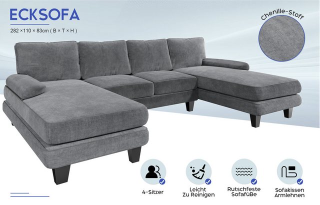 GUNJI Ecksofa Großes U-förmiges Sofa hoch belastbar mit 4 Kissen 292 cm*138 cm*86 cm, Schnelle Montage von großen Sofas in 20 Minuten