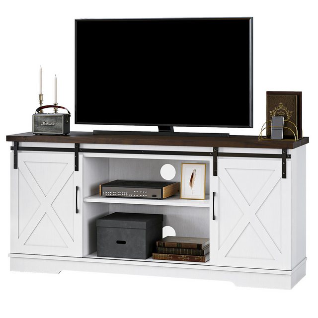 GarveeMore TV-Schrank mit Schiebetüren und verstellbarem Regal TV-Ständer, (Entertainment-Center für Wohnzimmer,Schlafzimmer,150x40x70cm,weiß)