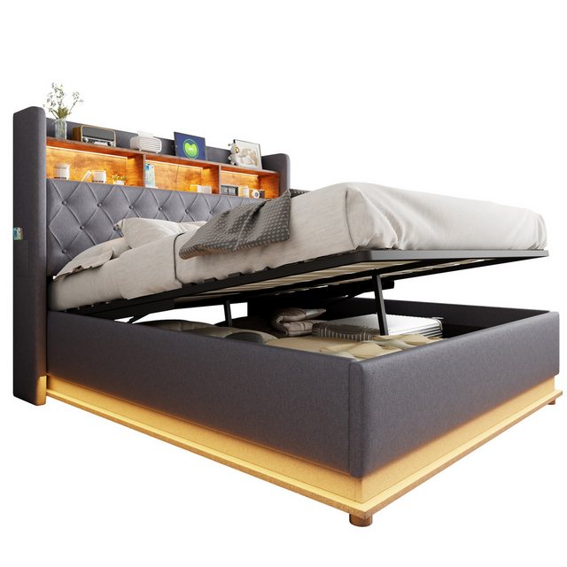 Gotagee Polsterbett Stauraumbett 160x200cm mit USB Gästebett Jugendbett Doppelbett Leinen, hydraulischem Stauraum hautfreundlicher Leinenstoff