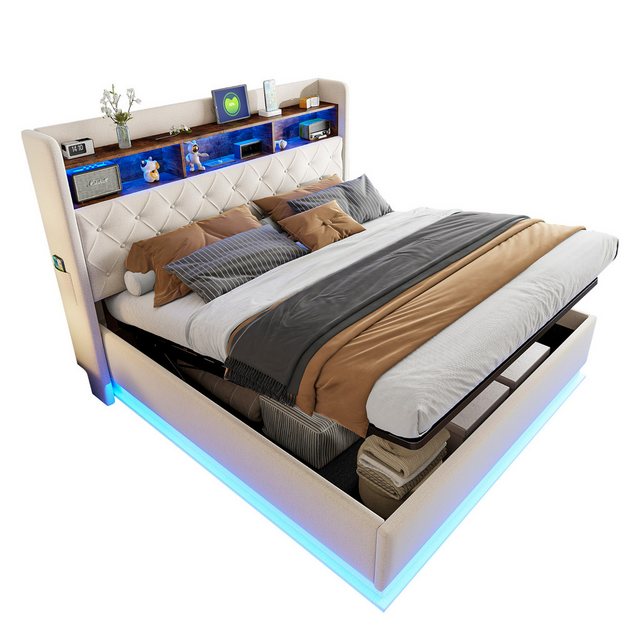 Gotagee Polsterbett Stauraumbett 180x200cm mit USB Gästebett Jugendbett Doppelbett Leinen, hydraulischem Stauraum hautfreundlicher Leinenstoff