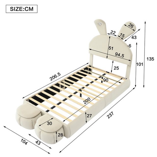 HAUSS SPOLE Polsterbett 90x200cm Kopfteil in Hasenform mit Licht, 2 Hockern, Samt, Beige (Hasenohren mit einstellbarer Helligkeit warmfarbenen Lichtstreifen, mit zwei Aufbewahrungshockern, Kinderbett mit Holzlatten), modernes Design