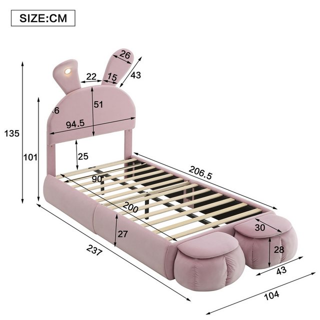 HAUSS SPOLE Polsterbett 90x200cm Kopfteil in Hasenform mit Licht, 2 Hockern, Samt, Rosa (Hasenohren mit einstellbarer Helligkeit warmfarbenen Lichtstreifen, mit zwei Aufbewahrungshockern, Kinderbett mit Holzlatten), modernes Design