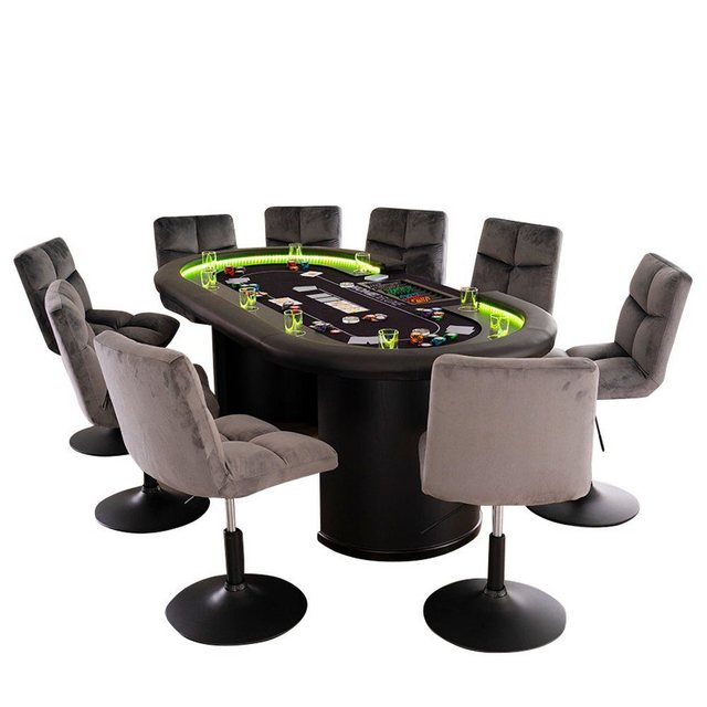 HOME DELUXE Spieltisch Pokertisch inkl. Pokerkoffer und Stühle LAS VEGAS, (215 x 106 x 78 cm), mit LED Beleuchtung & für 9 Personen I Poker Tisch