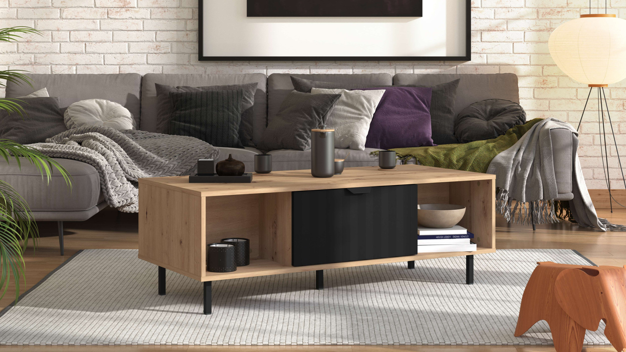 Home affaire Couchtisch „Vandea, 120 cm, modernes Design mit viel Stauraum, rechteckig“, Vier offene Fächer und ein geschlossenes, Klapptür, Artisan Eiche