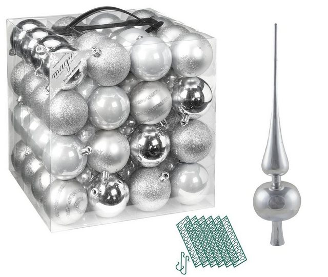 JACK Christbaumschmuck JACK 64x Kunststoff Christbaumkugeln ⌀6cm + Spitze 28cm inkl Aufhänger, Kugeln: Silber, Spitze: Silber