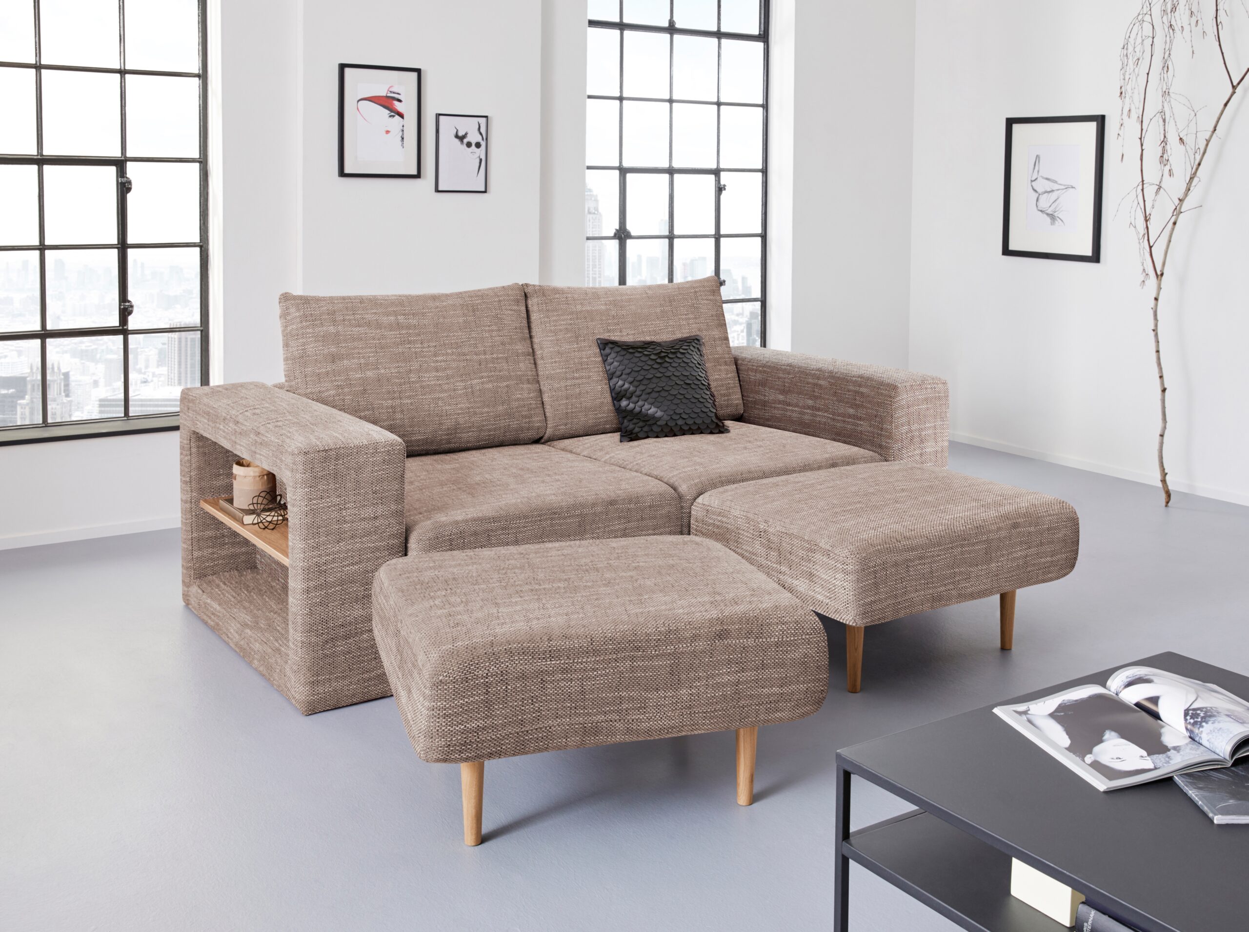 LOOKS by Wolfgang Joop 3-Sitzer „Looksvb“, Verwandlungssofa: aus Sofa wird Sofa mit 2 Hockern, mit Regalfunktion