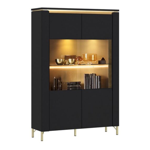 Lomadox Vitrine NOLA-129 Schwarz matt mit goldfarbenen Akzenten, Breite 110cm, inkl Beleuchtung