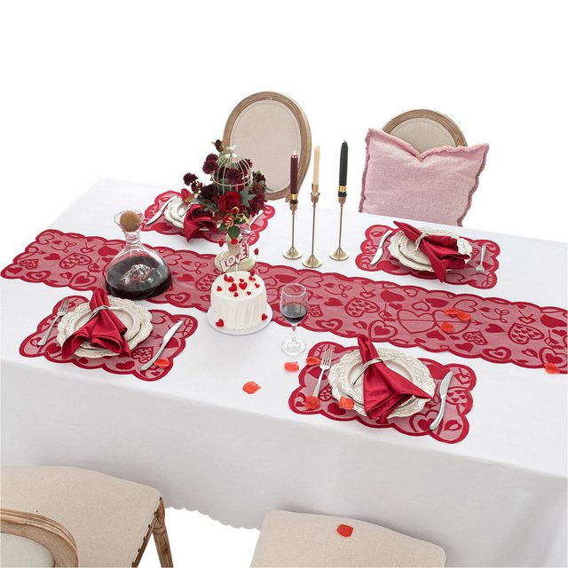 MAGICSHE Tischläufer 5 Stück Valentinstag Tischläufer Tischsets Herz Rot Tischdekoration (5-tlg), 33*183cm Tischdecke+Mahlzeitkissen 30*45 cm