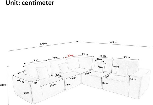 MODFU Ecksofa 5-Sitzer Sofa, Polstersofa, Sofa 5 Teile, übergroßes Ecksofa aus Sherpa-Stoff, mit 4 Kissen