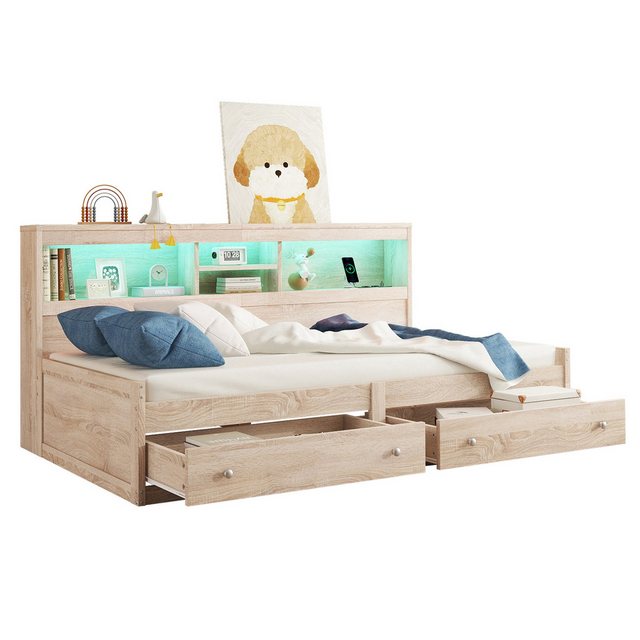 MODFU Kinderbett Einzelbett Daybett Tagesbett Schlafsofa (Bett mit 2 USB- und 2 Ladebuchsen, Ambiente-Beleuchtung, Bett mit zwei Schubladen, Bett mit Lattenrost, 90×200 cm), ohne Matratze