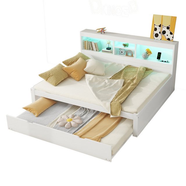 MODFU Kinderbett Einzelbett Daybett Tagesbett Schlafsofa (Schlafsofa Tagesbett mit Ausziehbett, Fernsteuerbare Ambientebeleuchtung, USB-Steckdosen, Stauraum., 140×200 cm), ohne Matratze