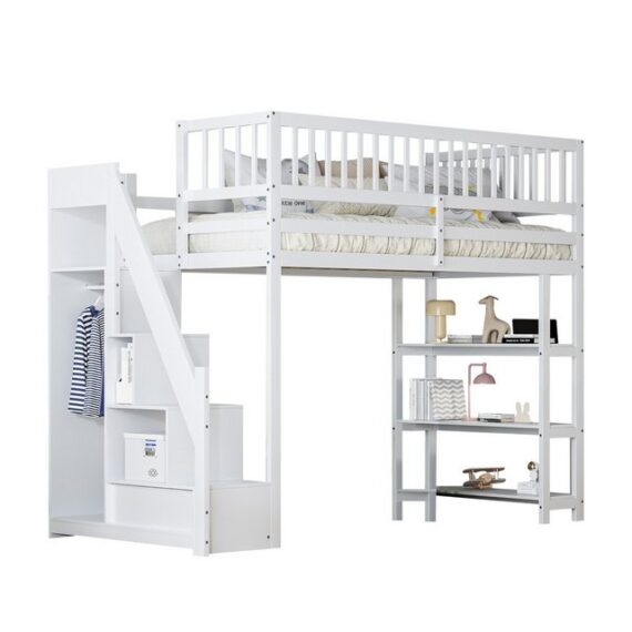 MODFU Kinderbett Einzelbett Hochbett Stauraumbett (Hochschrank-Sicherheitsdesign mit Kleiderschrank, Regalen und Stauraum mit Sicherheitskletterleiter), ohne Matratze