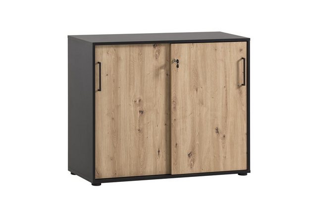 MÖBELPARTNER Aktenschrank Raven Large HxBxT 84x100x41cm, 2 Fächern 2 Schiebetüren, Eiche/Schwarz