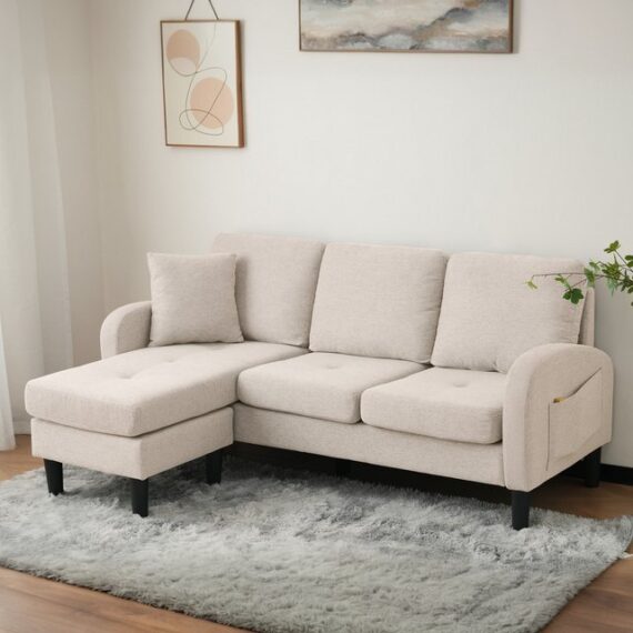 Merax Ecksofa Ecksofa L-förmiges Sofa 3-Sitzer aus Baumwoll-Leinenstoff, Polstersofa modular Sofa mit Chaiselongue, 85x118x82 cm