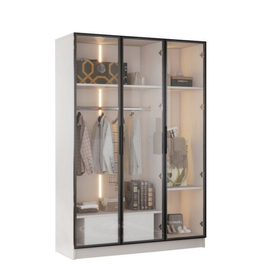 Merax Kleiderschrank Hochschrank, Vitrine mit Glastüren und LED,Drehtürenschrank,Wäscheschrank,Garderobe