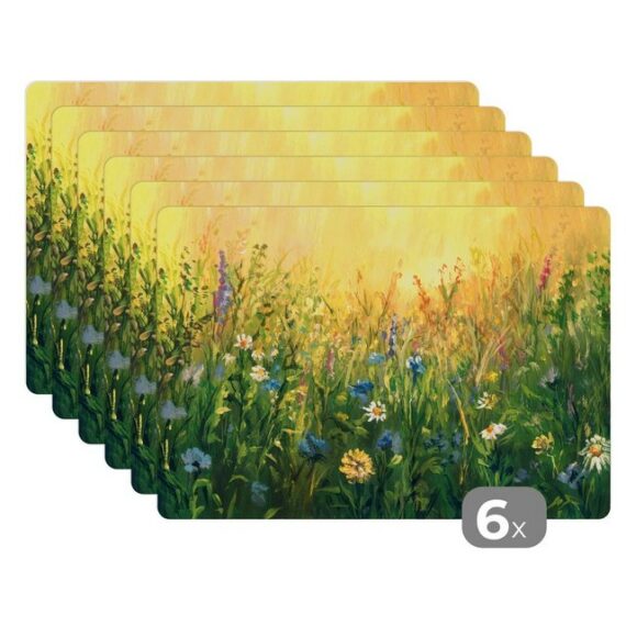 MuchoWow Platzset Blumen - Aquarell - Sonne, (6-St), Platzset, Platzdecken, Platzmatte, Tischmatten, Schmutzabweisend