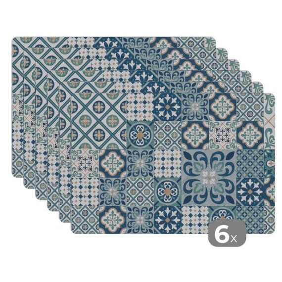 MuchoWow Platzset Blumen - Blau - Design - Fliese, (6-St), Platzset, Platzdecken, Platzmatte, Tischmatten, Schmutzabweisend