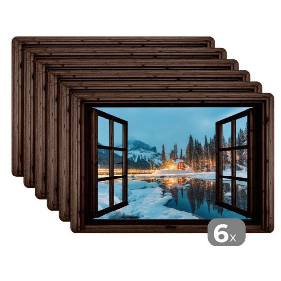 MuchoWow Platzset Durchblick - Winter - Landschaft - Natur - Haus - Berge, (6-St), Platzsets, Tischset, Abwaschbar, Tischsets, Platzdeckchen