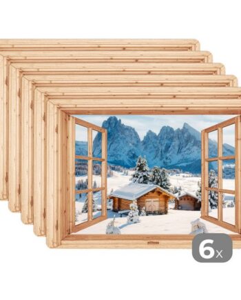 MuchoWow Platzset Durchblick – Winterlandschaft – Hütte – Berge – Aussicht, (6-St), Platzsets, Tischset, Abwaschbar, Tischsets, Platzdeckchen