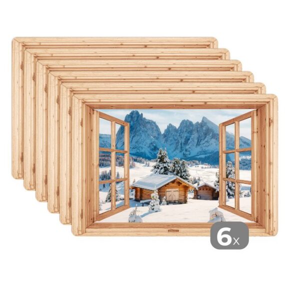 MuchoWow Platzset Durchblick - Winterlandschaft - Hütte - Berge - Aussicht, (6-St), Platzsets, Tischset, Abwaschbar, Tischsets, Platzdeckchen