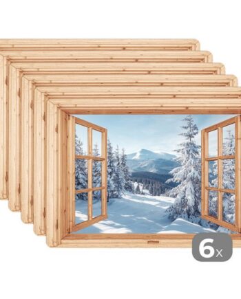 MuchoWow Platzset Durchblick – Winterlandschaft – Natur – Berg – Bäume – Holz, (6-St), Platzsets, Tischset, Abwaschbar, Tischsets, Platzdeckchen