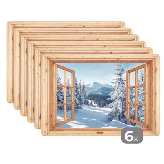 MuchoWow Platzset Durchblick - Winterlandschaft - Natur - Berg - Bäume - Holz, (6-St), Platzsets, Tischset, Abwaschbar, Tischsets, Platzdeckchen