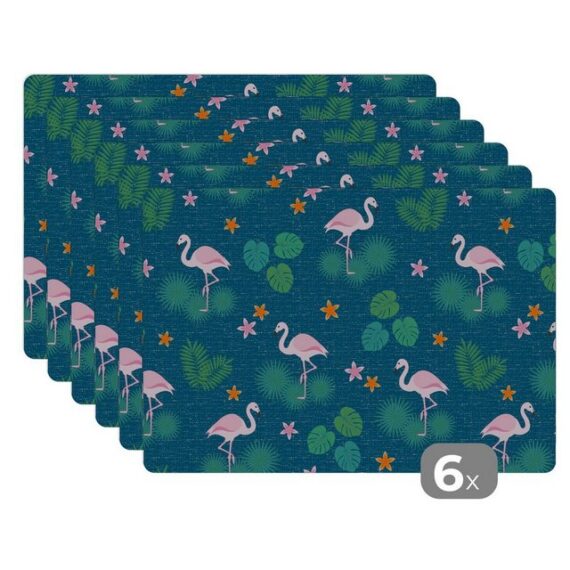 MuchoWow Platzset Flamingo - Pflanzen - Muster, (6-St), Platzset, Platzdecken, Platzmatte, Tischmatten, Schmutzabweisend