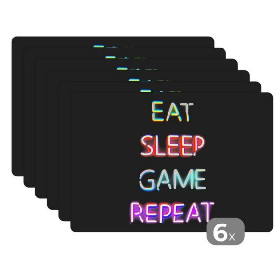 MuchoWow Platzset Gaming - Led - Zitat - Eat sleep game repeat - Gaming, (6-St), Platzset, Platzdecken, Platzmatte, Tischmatten, Schmutzabweisend