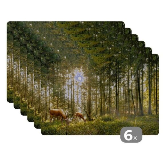 MuchoWow Platzset Hirsche - Natur - Wald, (6-St), Platzset, Platzdecken, Platzmatte, Tischmatten, Schmutzabweisend