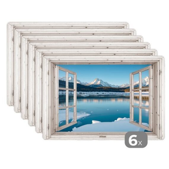 MuchoWow Platzset Landschaft - Winter - See - Berg - Aussicht - Licht, (6-St), Platzsets, Tischset, Abwaschbar, Tischsets, Platzdeckchen