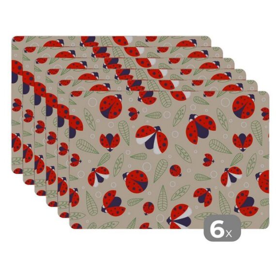 MuchoWow Platzset Marienkäfer - Blätter - Design, (6-St), Platzset, Platzdecken, Platzmatte, Tischmatten, Schmutzabweisend