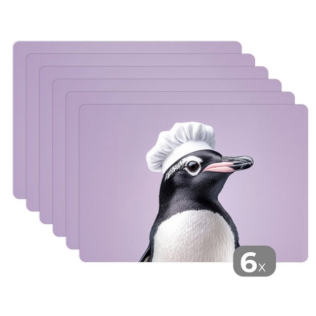 MuchoWow Platzset Pinguin – Kochmütze – Lieb – Lila, (6-St), Platzsets, Tischset, Abwaschbar, Tischsets, Platzdeckchen