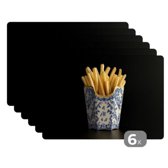 MuchoWow Platzset Pommes frites - Porzellan - Delfter Blau - Lebensmittel, (6-St), Platzsets, Tischset, Abwaschbar, Tischsets, Platzdeckchen