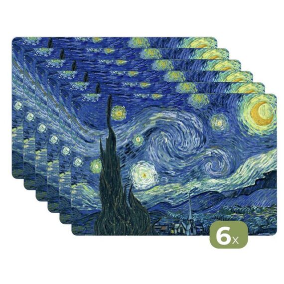 MuchoWow Platzset Sternennacht - Gemälde - Alte Meister - Vincent van Gogh, (6-St), Platzsets, Tischset, Abwaschbar, Tischsets, Platzdeckchen